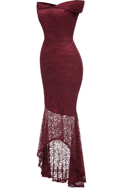 Burgundy Off-the-shoulder Lace Mermaid High Low Prom Dress - Fashionpara
