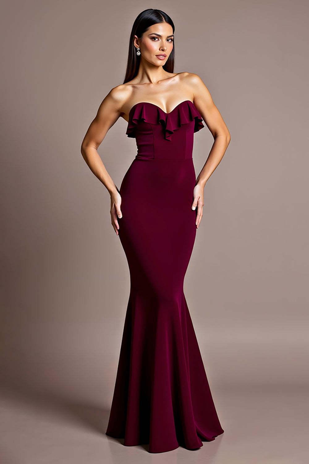Burgundy Prom Dress Satin Mermaid Backless Strapless Formal Dress