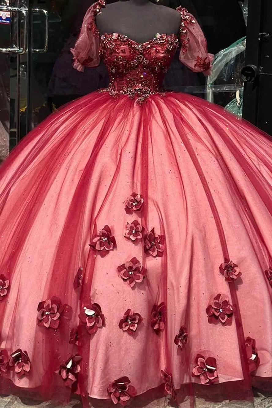 Burgundy Red Quinceanera Dresses 3D Flower Sweetheart Appliques Tulle Princess Ball Gown Sweet 15 16 Dresses