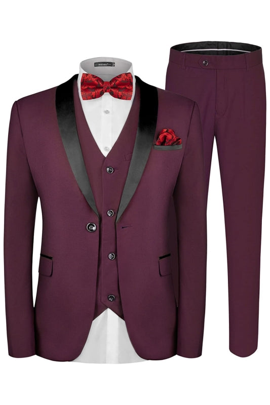 Burgundy Shawl Lapel Three Piece Wedding Suit