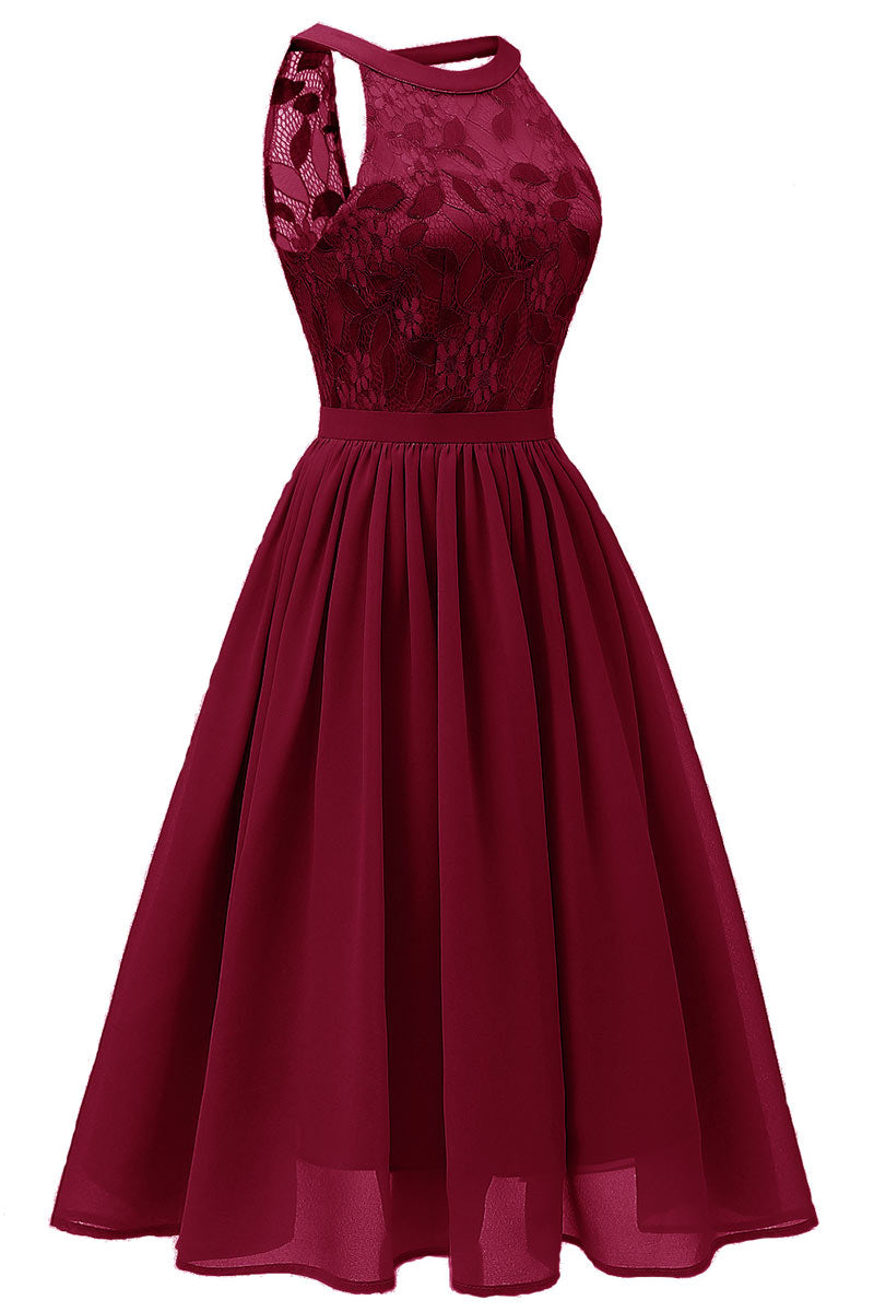 Burgundy Sleeveless A-line Lace Prom Dress - Fashionpara