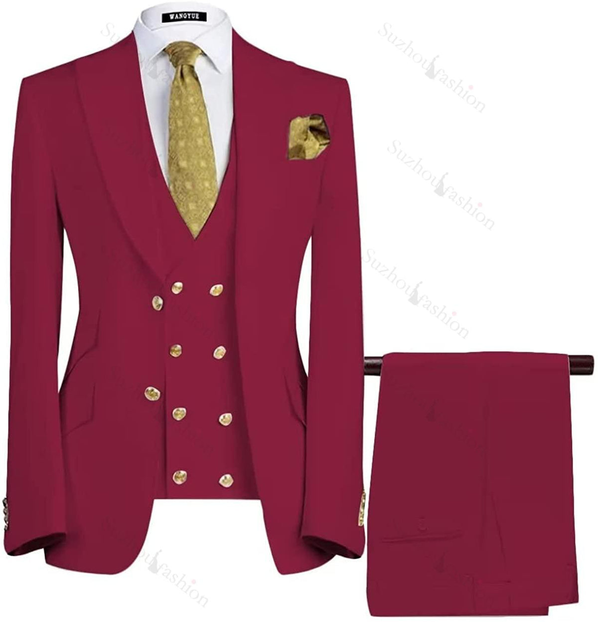 Burgundy Three Piece Peaked Lapel Prom Suit