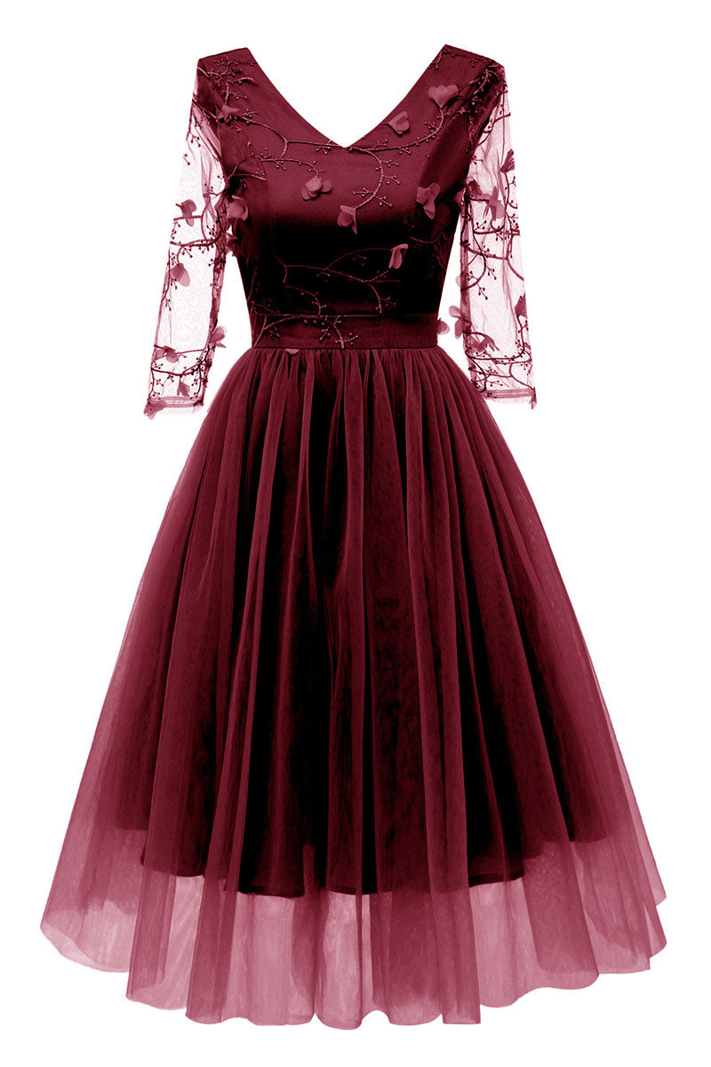 Burgundy V-neck A-line Applique Prom Dress With Long Sleeves - Fashionpara