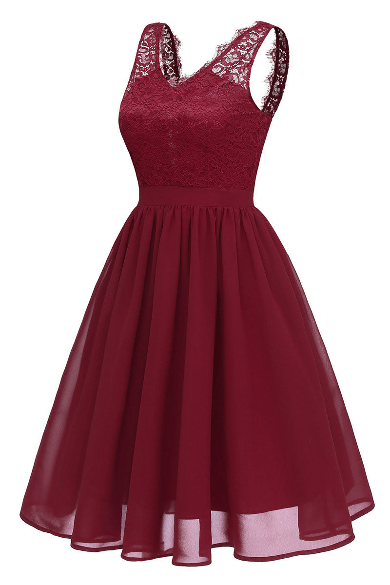 Burgundy V-neck Lace A-line Prom Dress - Fashionpara