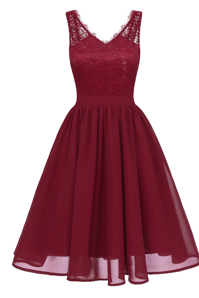 Burgundy V-neck Lace A-line Prom Dress - Fashionpara