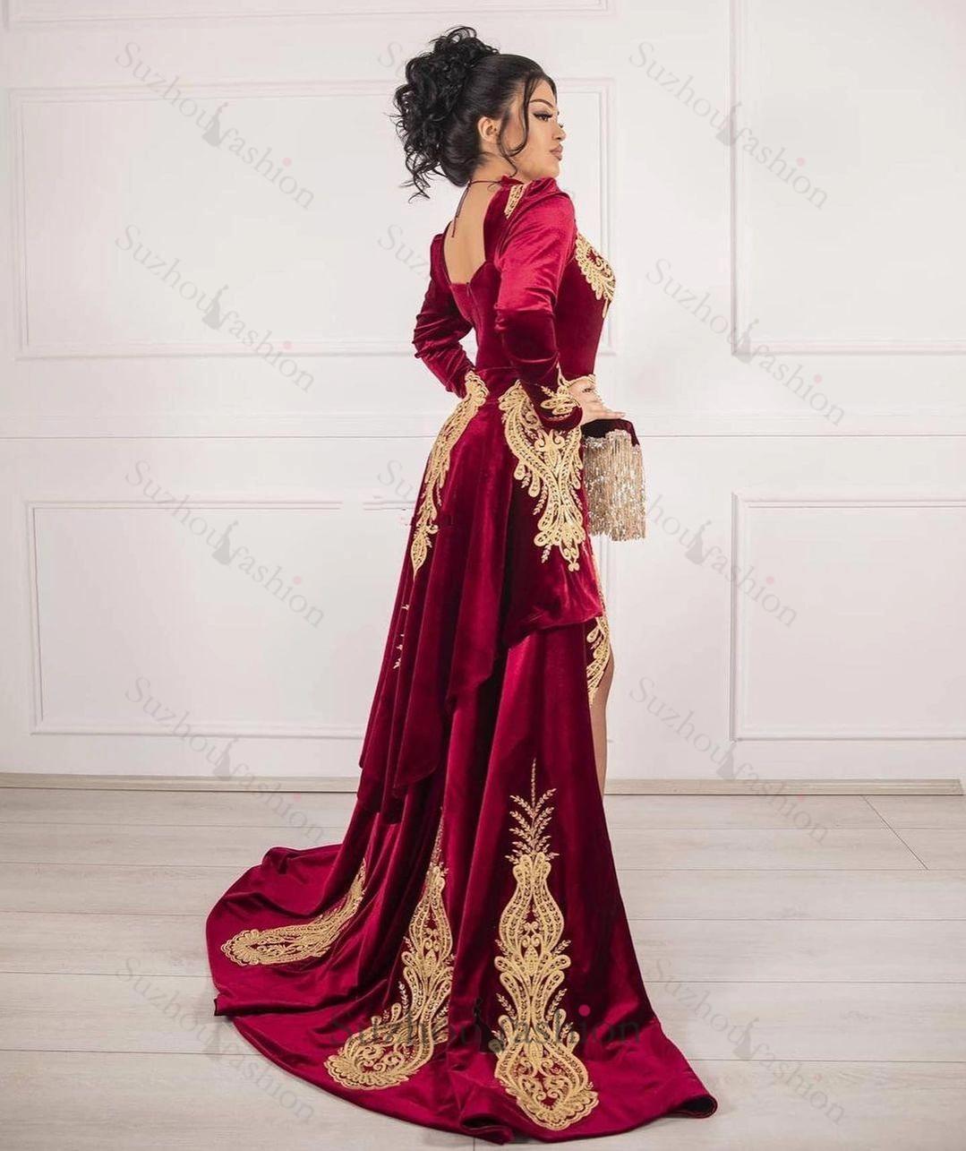 Burgundy Velvet Christmas Party Dress Lace Appliques Long Sleeve Formal Dress With Detachable Train