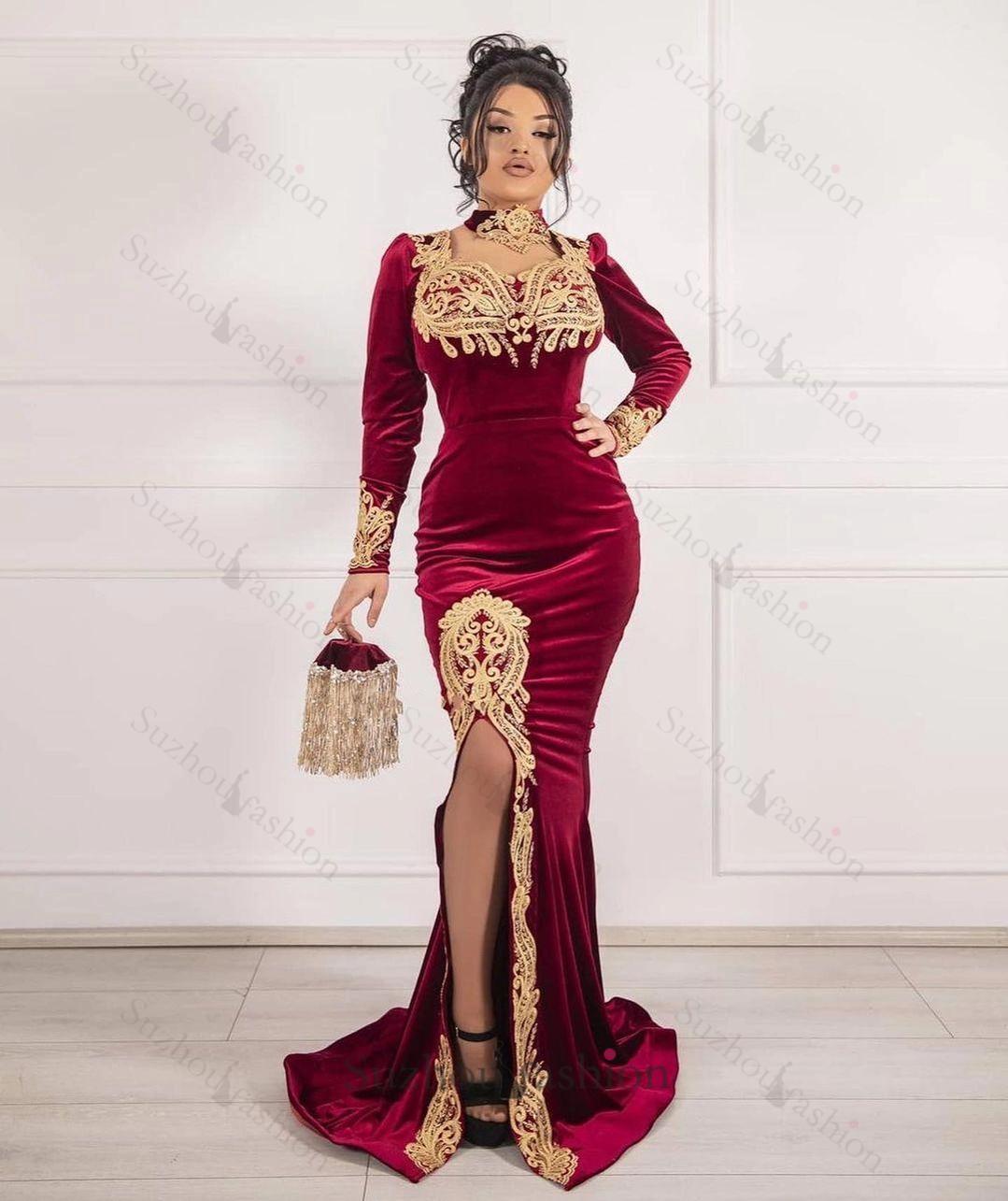 Burgundy Velvet Christmas Party Dress Lace Appliques Long Sleeve Formal Dress With Detachable Train