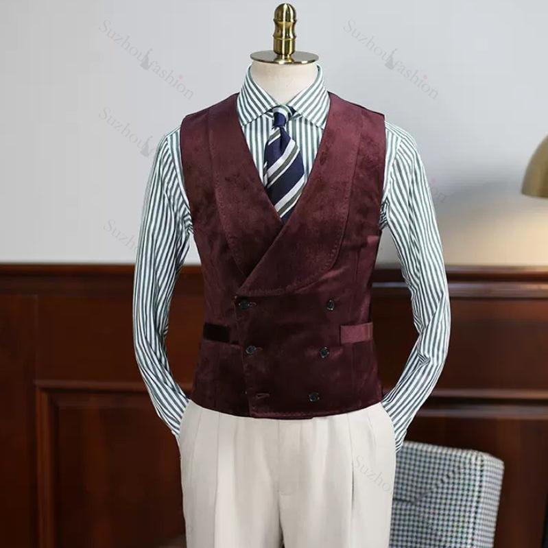 Burgundy Velvet Three Piece Notched Lapel Prom Suit