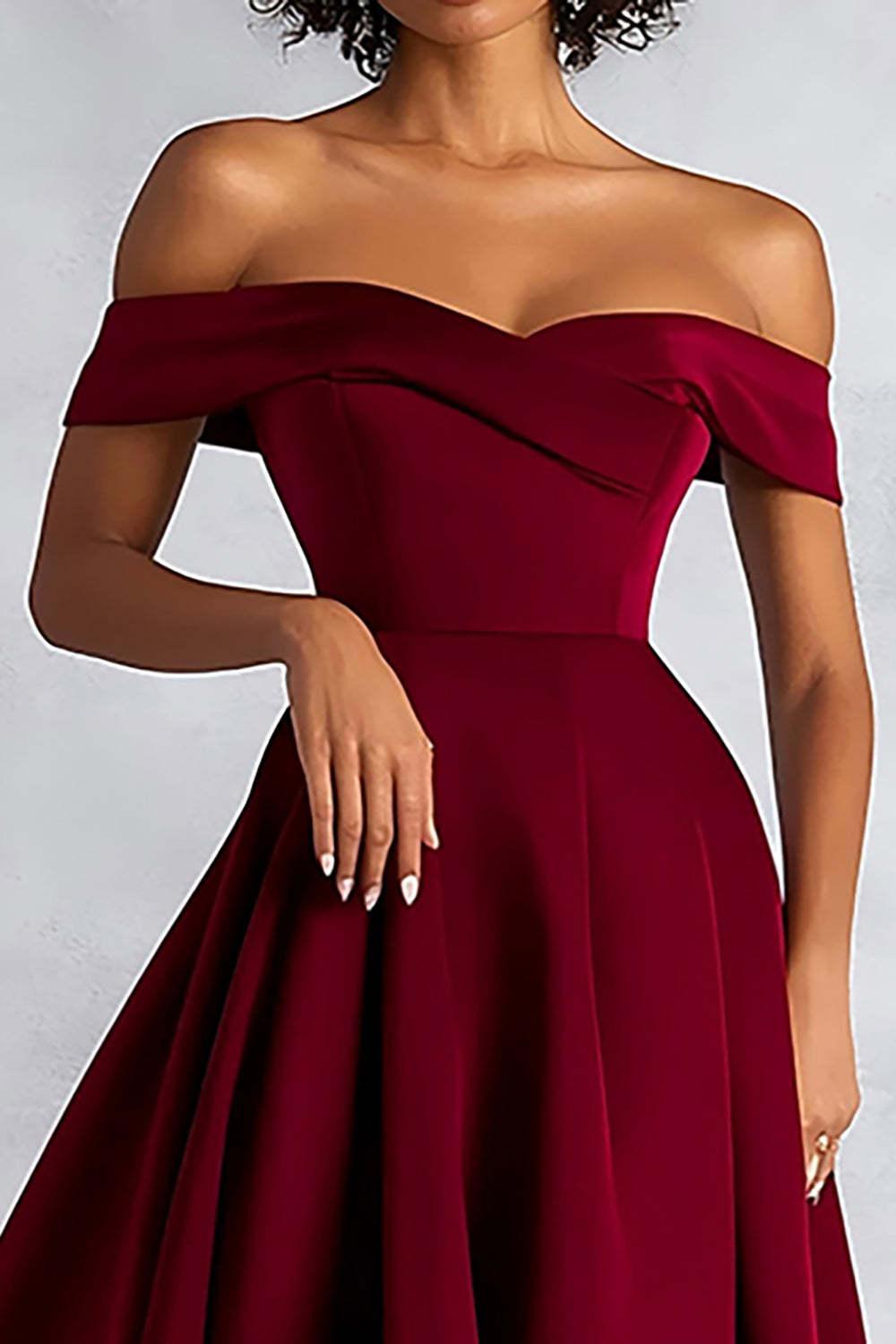 Burgundy Wedding Guest Dress A Line Ruched Knee-Length Formal Dress