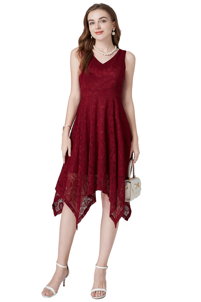 Burgundy A-Line Lace V-Neck Cocktail Party Dress - Fashionpara