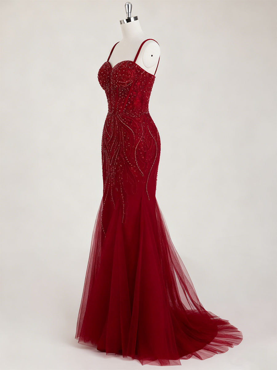 Burgundy Beaded Mermaid Tulle Prom Dress with Sheer Corset - View 3 | FashionDia