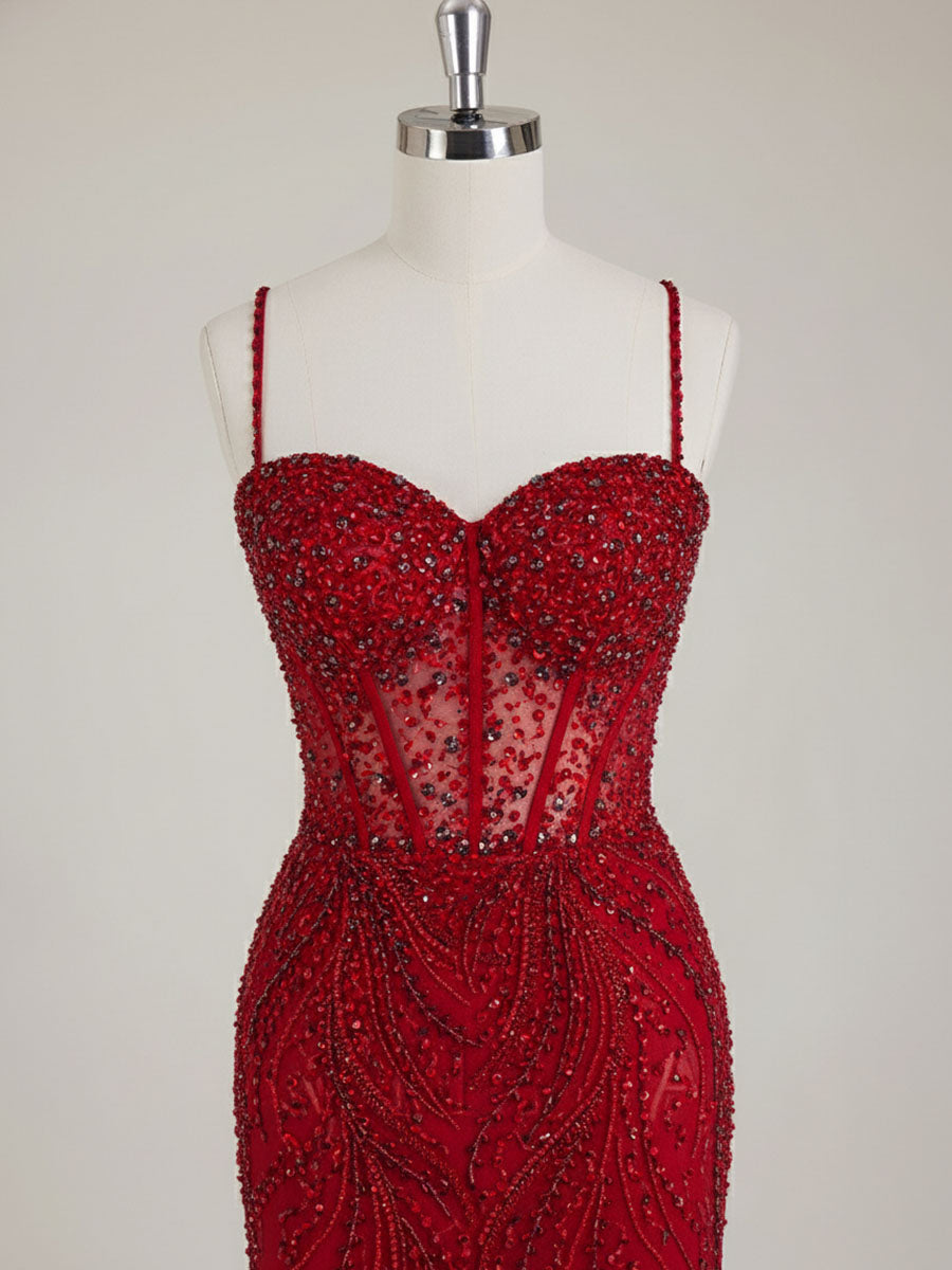 Burgundy Beaded Mermaid Tulle Prom Dress with Sheer Corset - View 4 | FashionDia