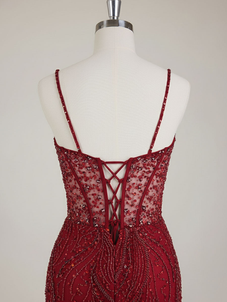 Burgundy Beaded Mermaid Tulle Prom Dress with Sheer Corset - View 5 | FashionDia
