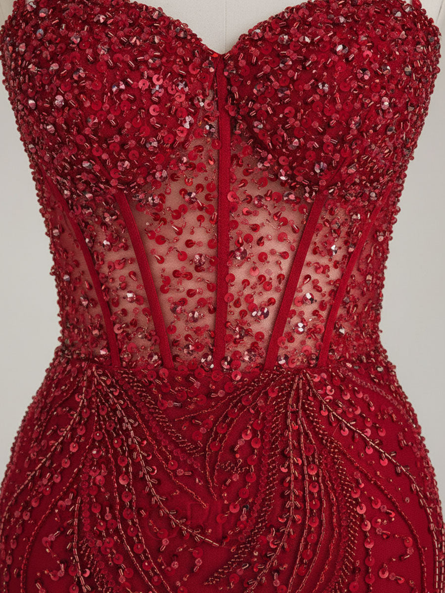 Burgundy Beaded Mermaid Tulle Prom Dress with Sheer Corset - View 6 | FashionDia
