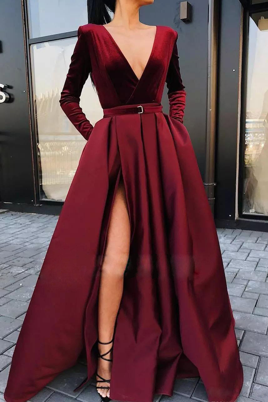 Burgundy Deep V-Neck Long Sleeve A-Line Evening Prom Dresses - Fashionpara