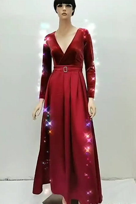 Burgundy Deep V-Neck Long Sleeve A-Line Evening Prom Dresses - Fashionpara