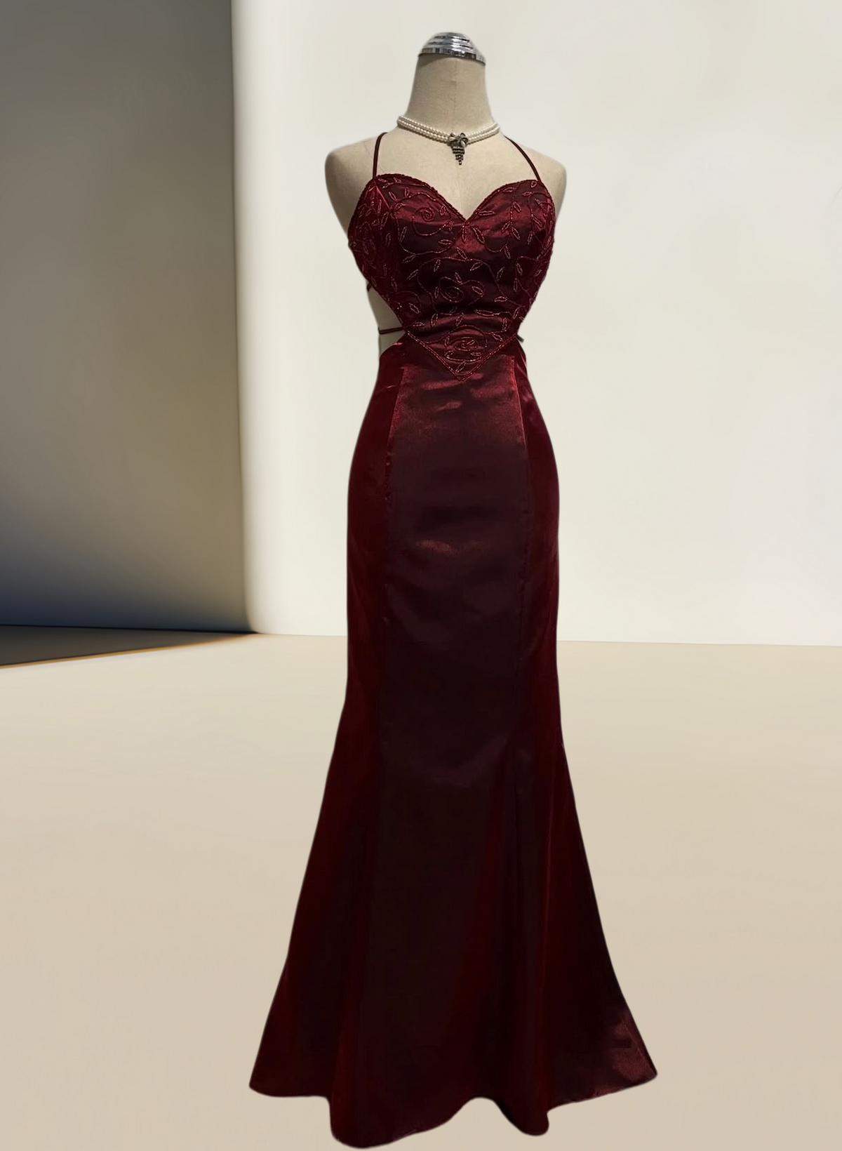 Burgundy Mermaid Beaded Prom Dress Open Back Evening Dress