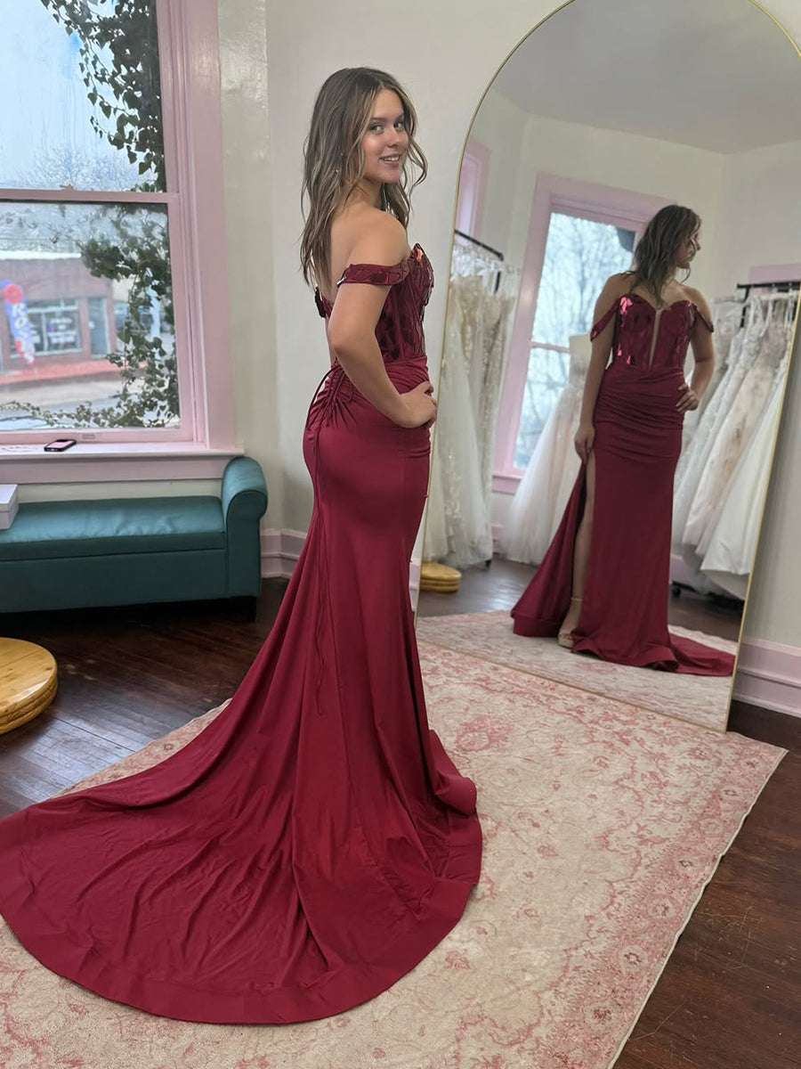 Burgundy Off-the-Shoulder Mermaid Prom Dress with Slit - FashionDia