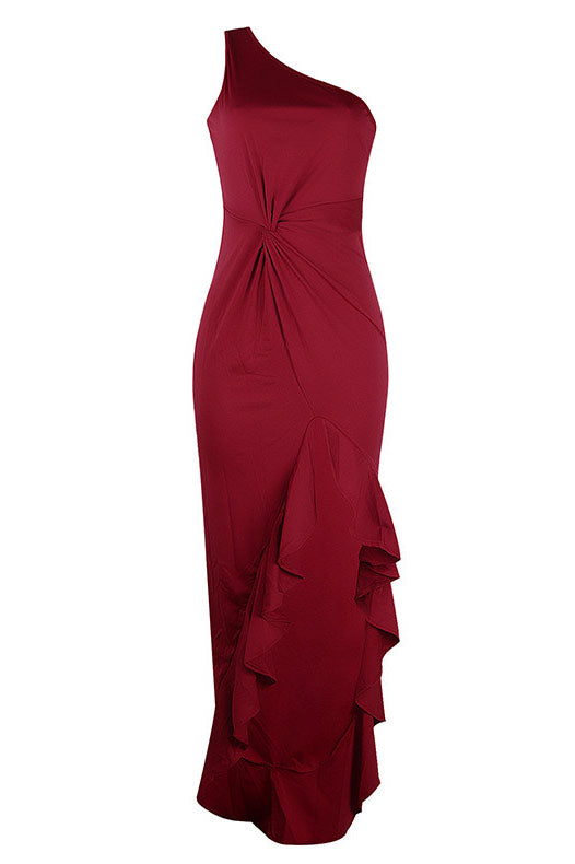 Burgundy One Shoulder High Slit Prom Gown Evening Dress - Fashionpara