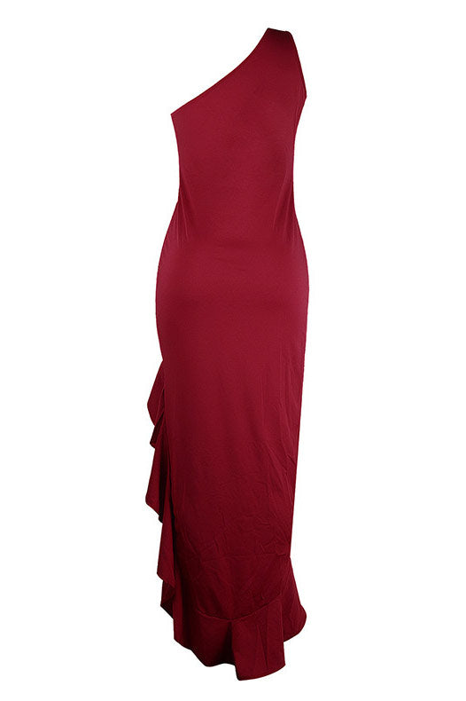 Burgundy One Shoulder High Slit Prom Gown Evening Dress - Fashionpara