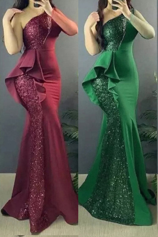 Burgundy One Shoulder Mermaid Formal Gown Evening Prom Dress - Fashionpara