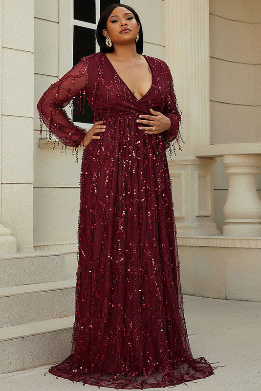 Burgundy Plunging Long Sleeve Plus Size Prom Dress Evening Gown - Fashionpara