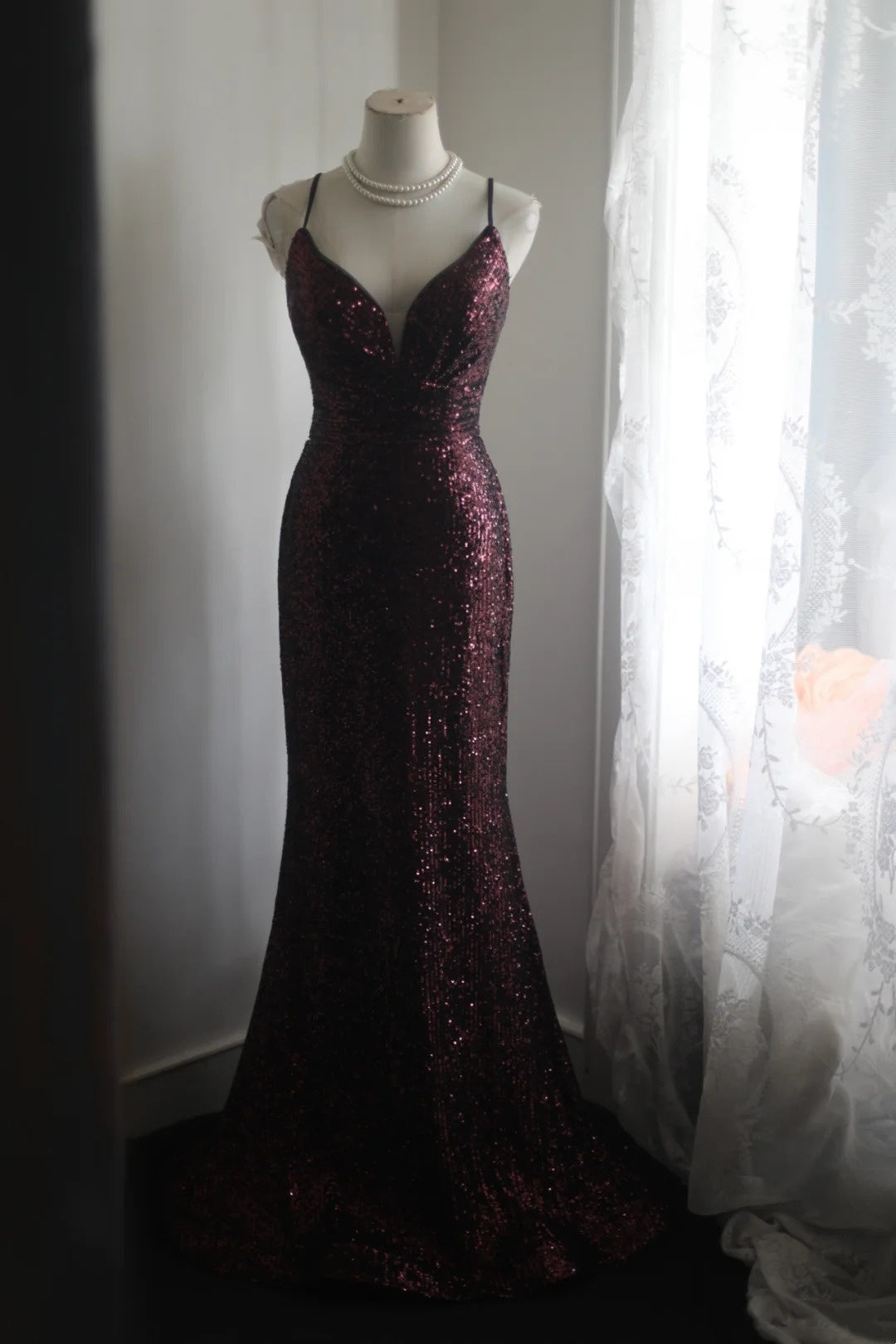 Burgundy Sequin Mermaid Prom Dress With Slit Sparkle Evening Gown