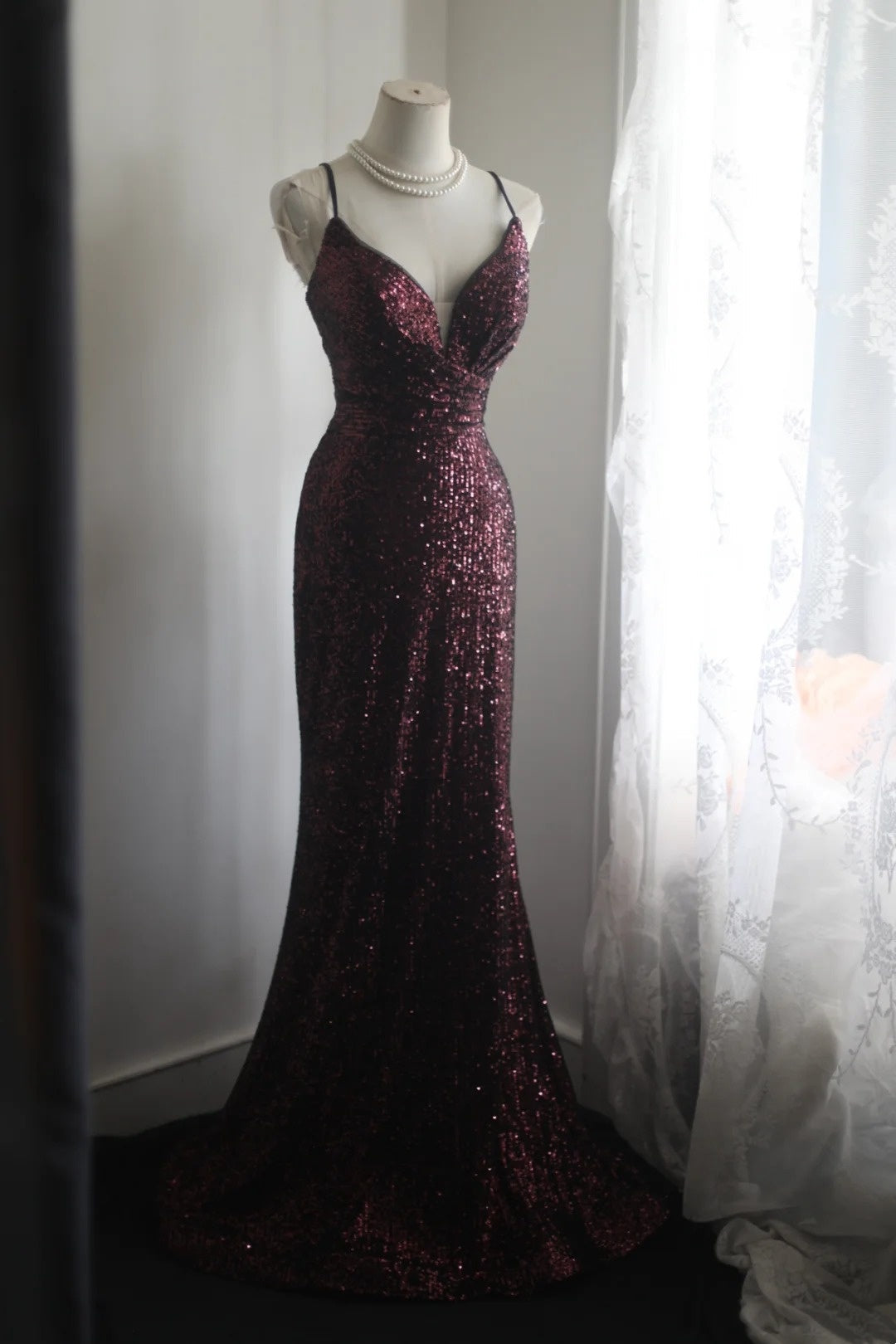 Burgundy Sequin Mermaid Prom Dress With Slit Sparkle Evening Gown