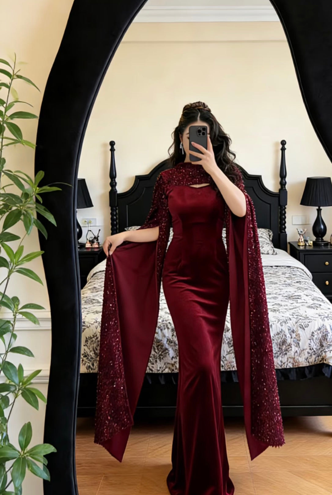 Burgundy Sheath Modest Evening Dress With Sequin Shawl