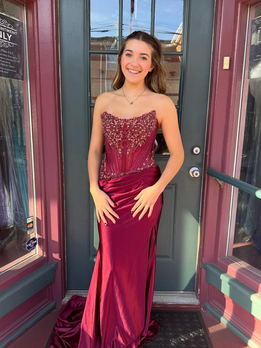 Burgundy Strapless Satin Beaded Corset Ruched Waist Prom Dress - FashionDia