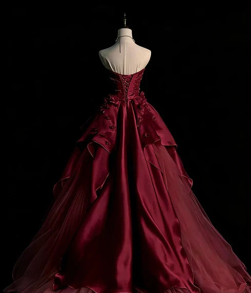 Burgundy Strapless Satin Floral Prom Dress A-Line Formal Party Dress