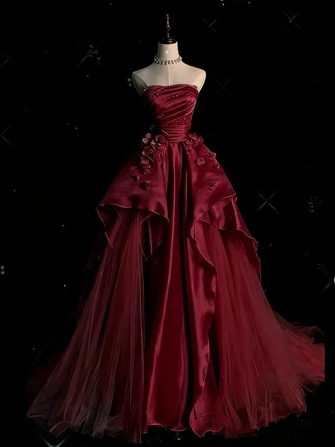 Burgundy Strapless Satin Floral Prom Dress A-Line Formal Party Dress