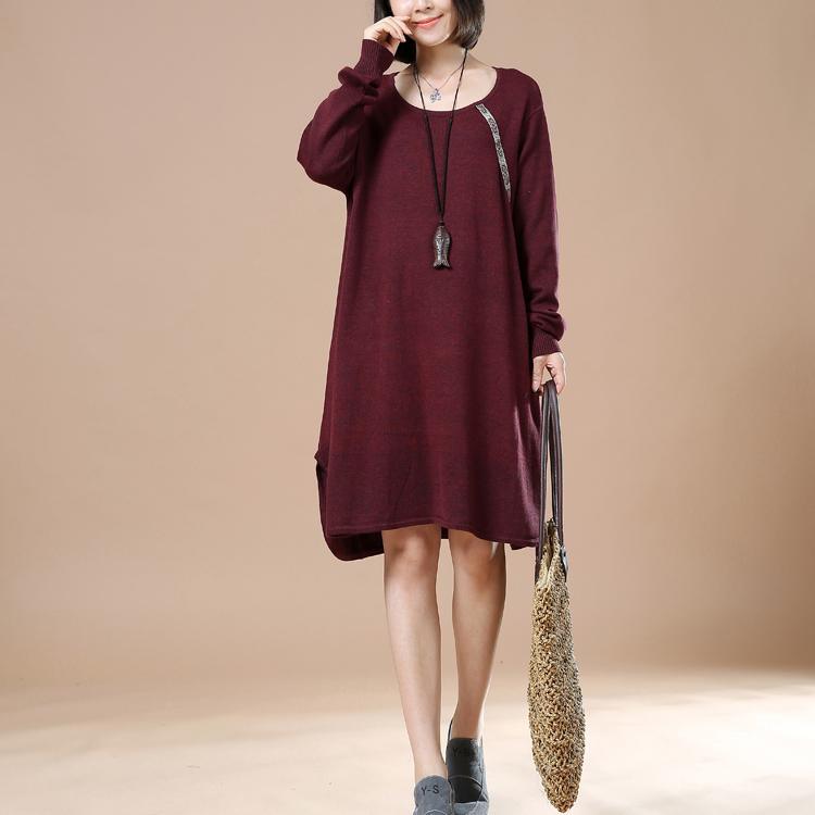 Burgundy cute baggy sweaters long knit dresses witner spring