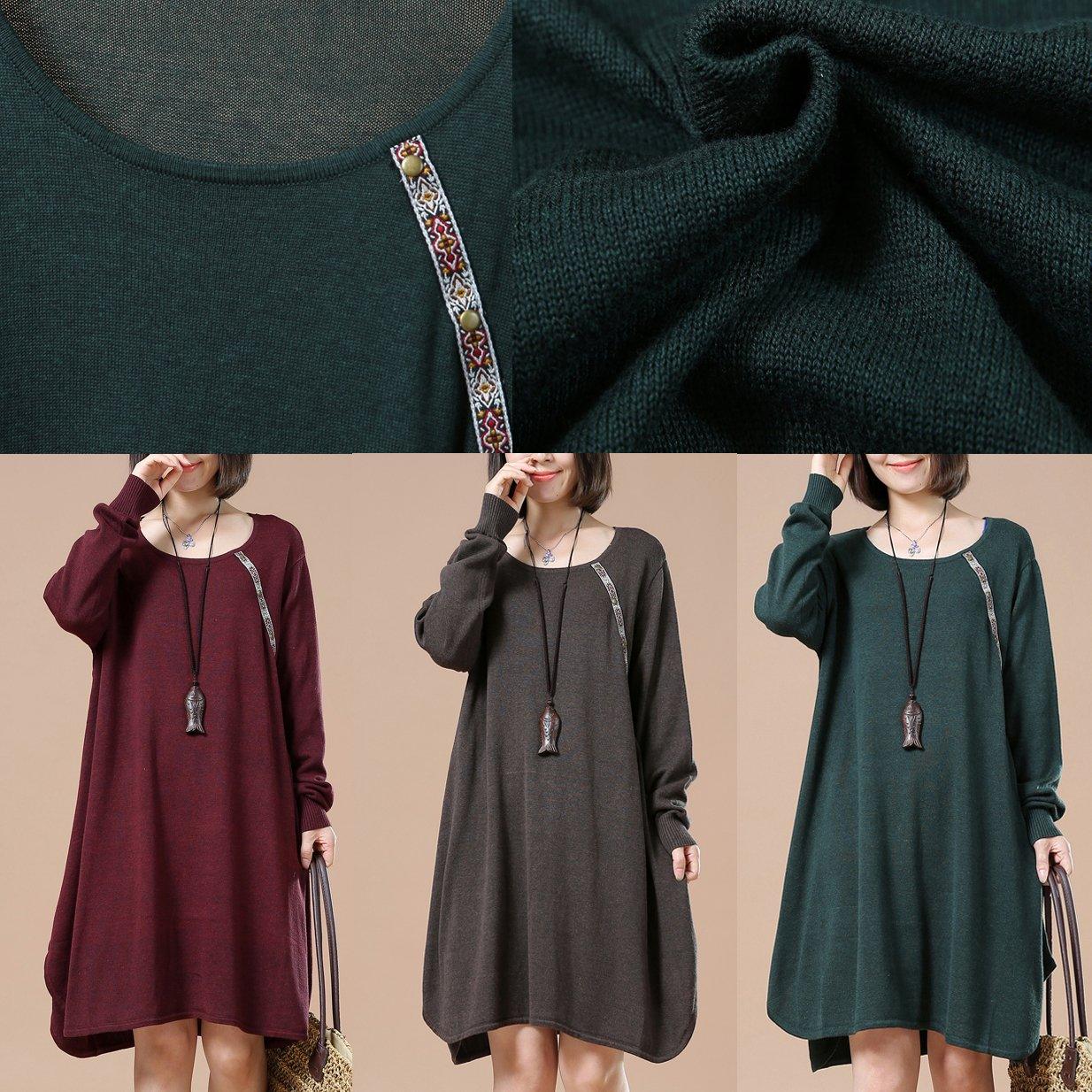 Burgundy cute baggy sweaters long knit dresses witner spring