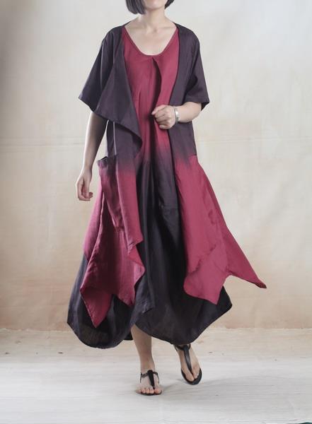 Burgundy gradient Asymmetric linen sundress plus size long maxi dress Two pieces
