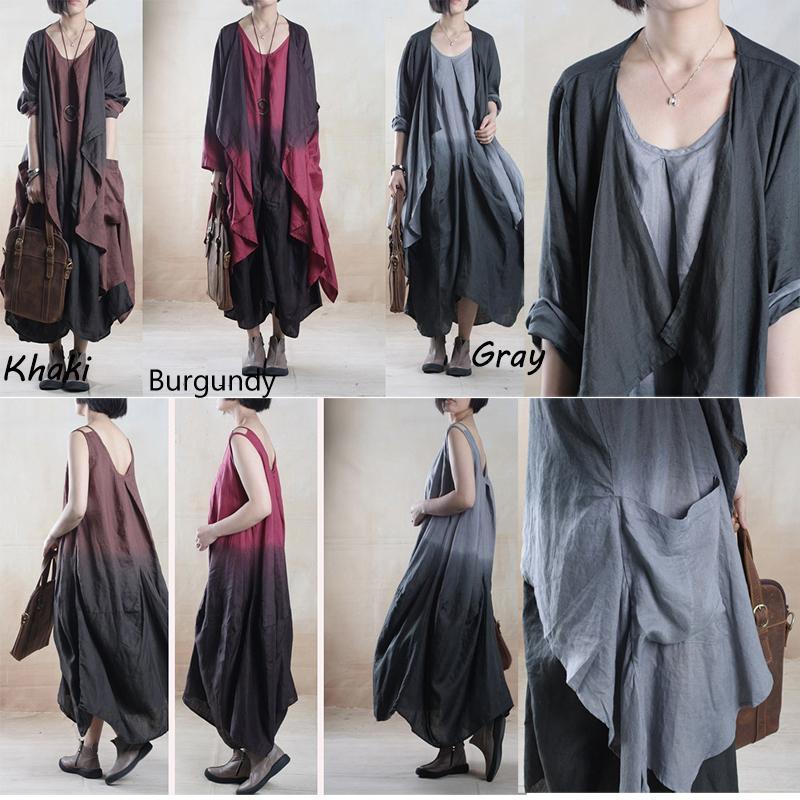 Burgundy gradient Asymmetric linen sundress plus size long maxi dress Two pieces