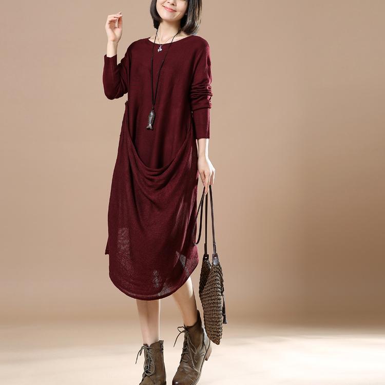 Burgundy winter dresses knitted sweaters woman