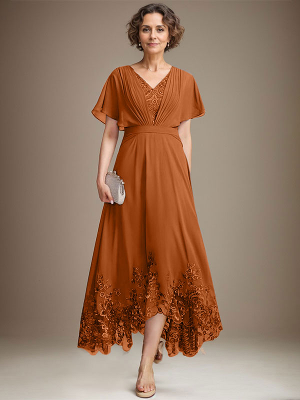 A-line V-Neck Asymmetrical Lace Chiffon Mother of the Bride Dress With Pleated - View 11 | FashionDia