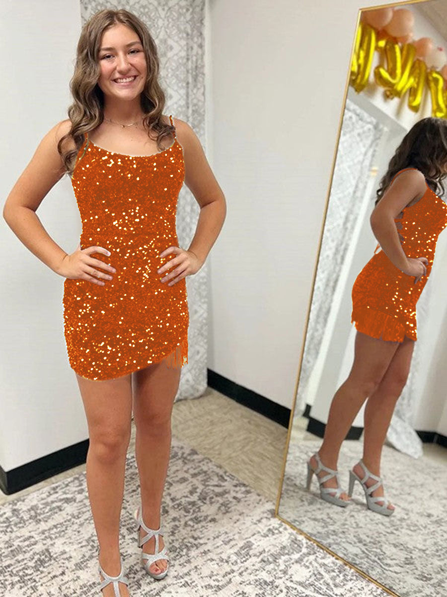 Fitted Spaghetti Straps Short Sequin Homecoming Dress