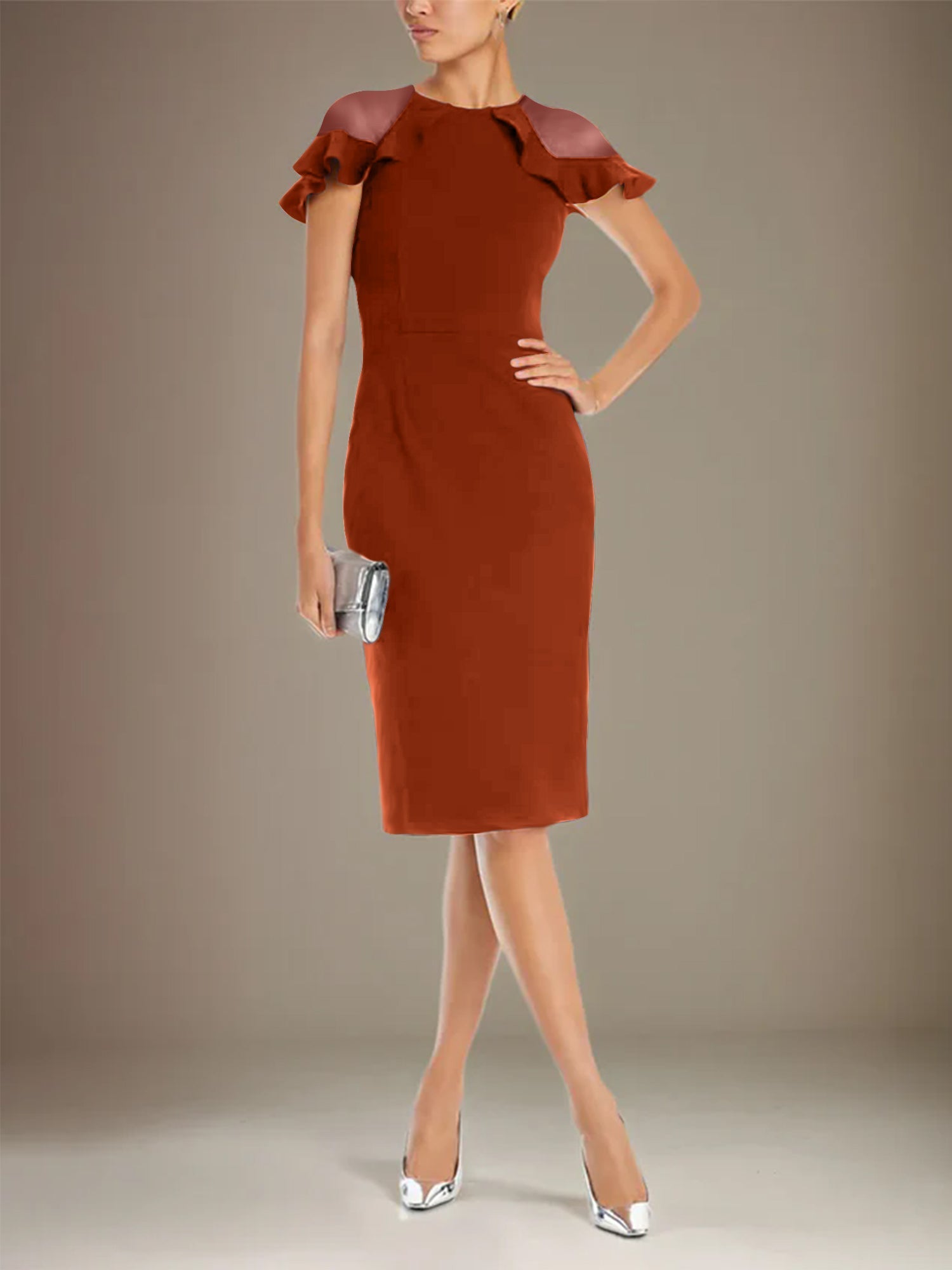 Sheath/Column Stretch Crepe Scoop Short Sleeves Knee Length Dress