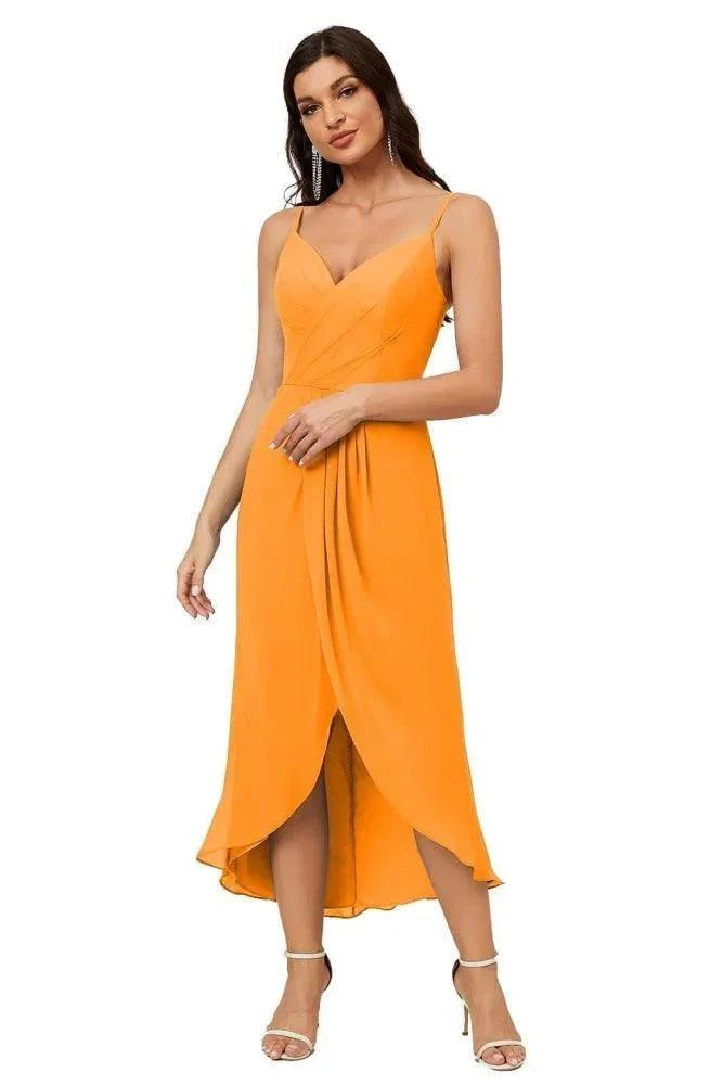 Numbersea Spaghetti Chiffon V Neck Bridesmaid Dress Mid-Length Slit Formal Prom Dress Homecoming Dress 2803 by numbersea