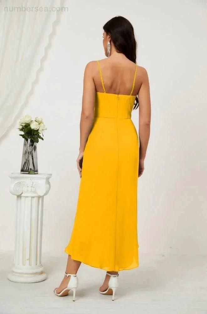 ZapDress Spaghetti Chiffon V Neck Bridesmaid Dress Mid-Length Slit Formal Prom Dress Homecoming Dress 2803 (ZD16952)
