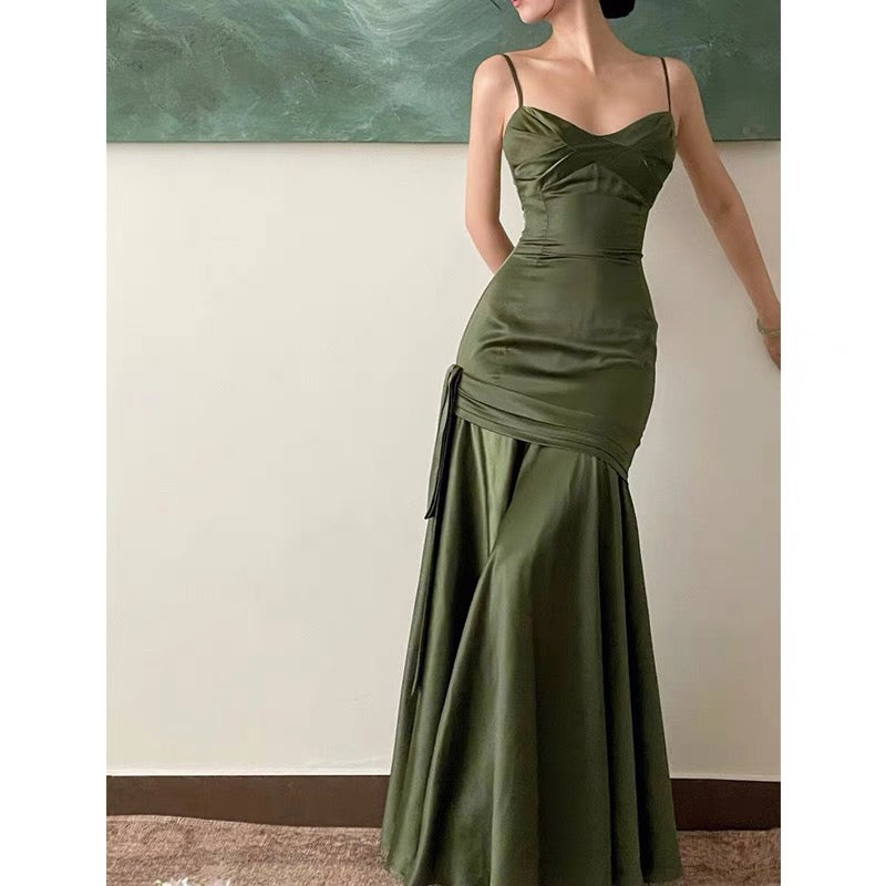 Simple Sheath Spaghetti Straps Floor-Length Olive Green Long Party Dresses Birthday Outfits - View 2 | FashionDia