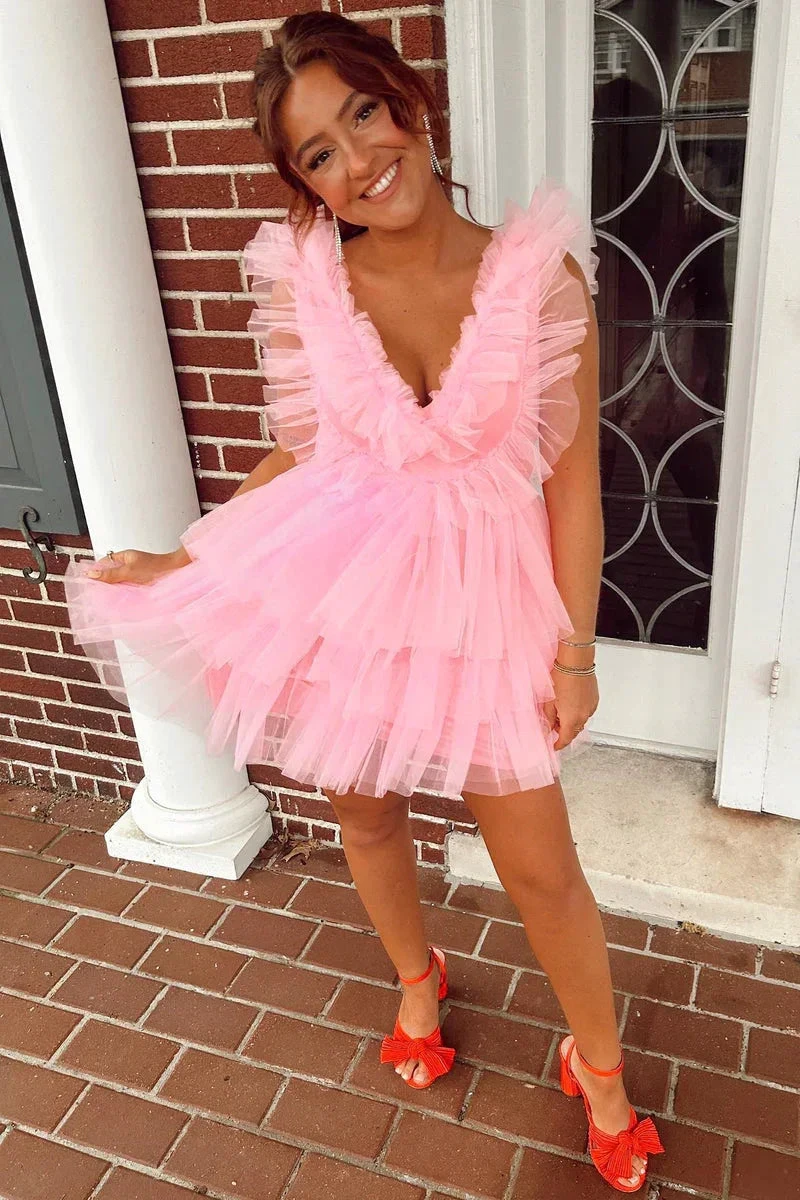 Cute Pink Ruffled Tiered Tulle Short Homecoming Dress Y1995 by simplepromdress
