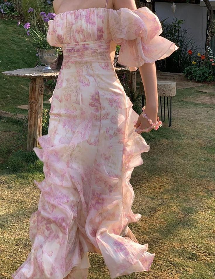 Pretty Chiffon Print Flowers Pink Prom Dress Long Party Evening Dress