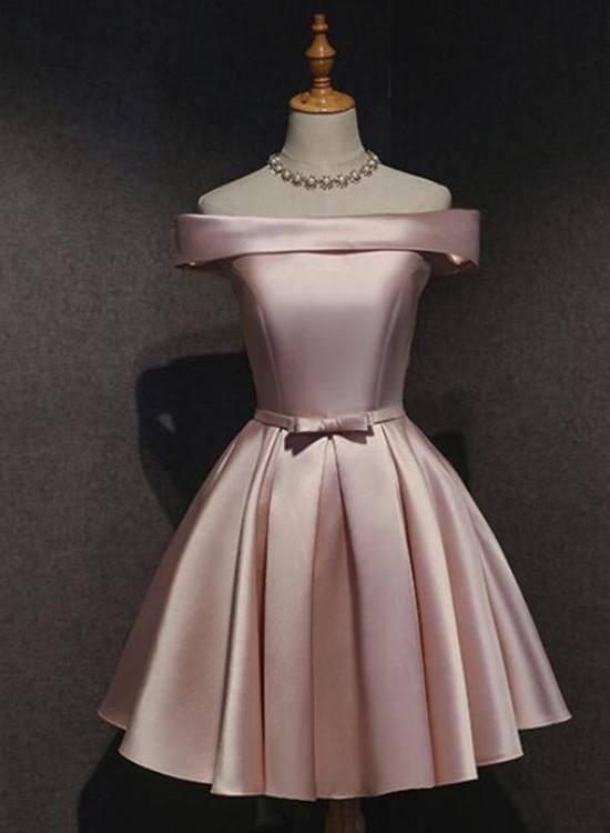 Cute Pink Satin Off-the-Shoulder Cute Party Dress Homecoming Dresses Birthday Outfit - FashionDia