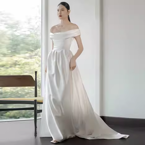 Vintage A line Off The Shoulder White Long Wedding Dresses C117