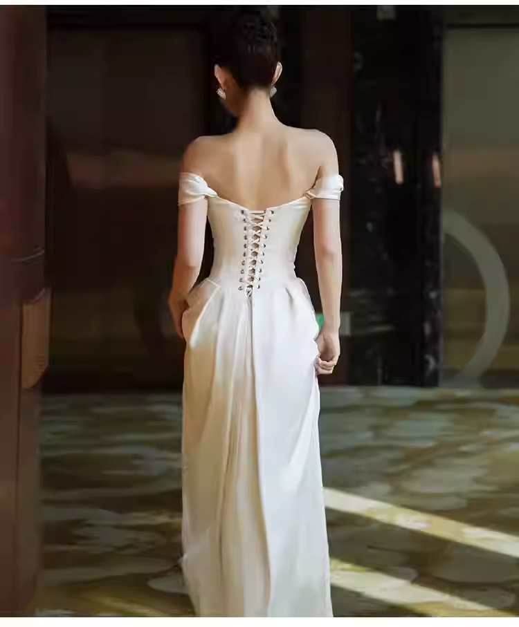 Vintage A line Off The Shoulder White Long Satin Wedding Dresses C118