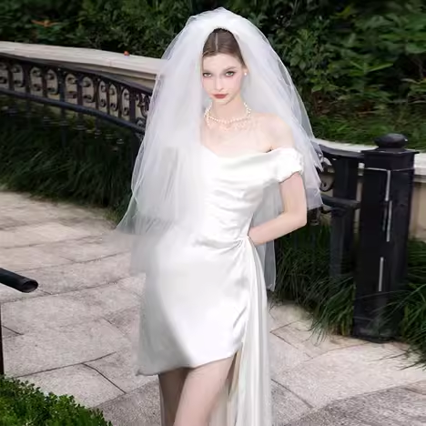 Vintage High Low Off The Shoulder White Satin Wedding Dresses C119