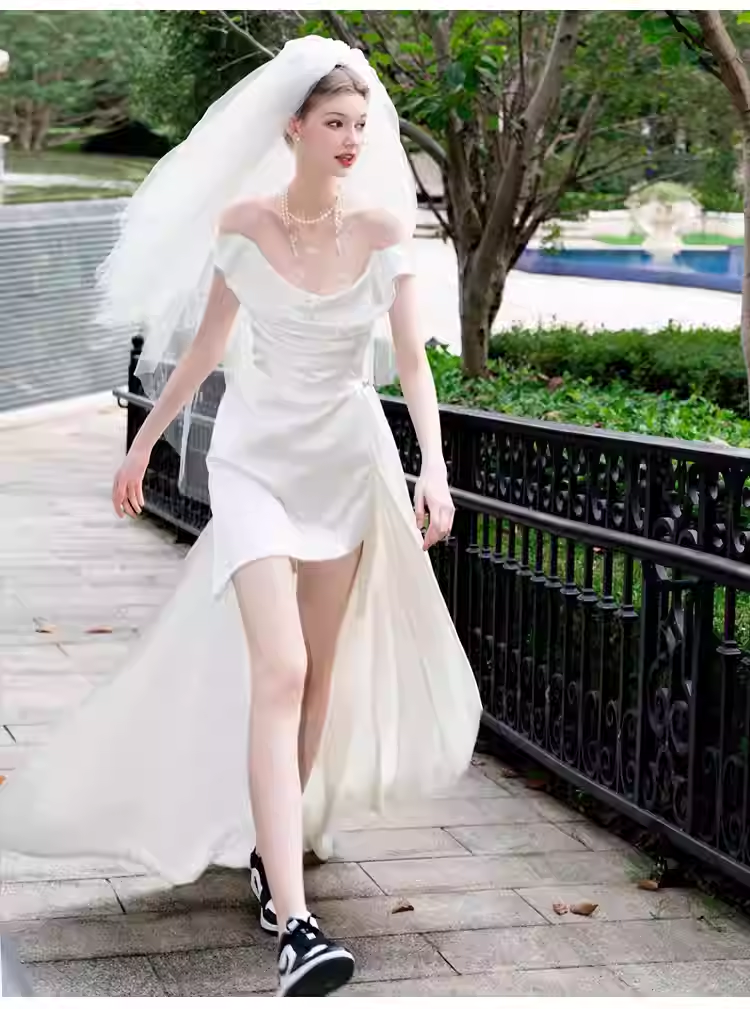 Vintage High Low Off The Shoulder White Satin Wedding Dresses C119